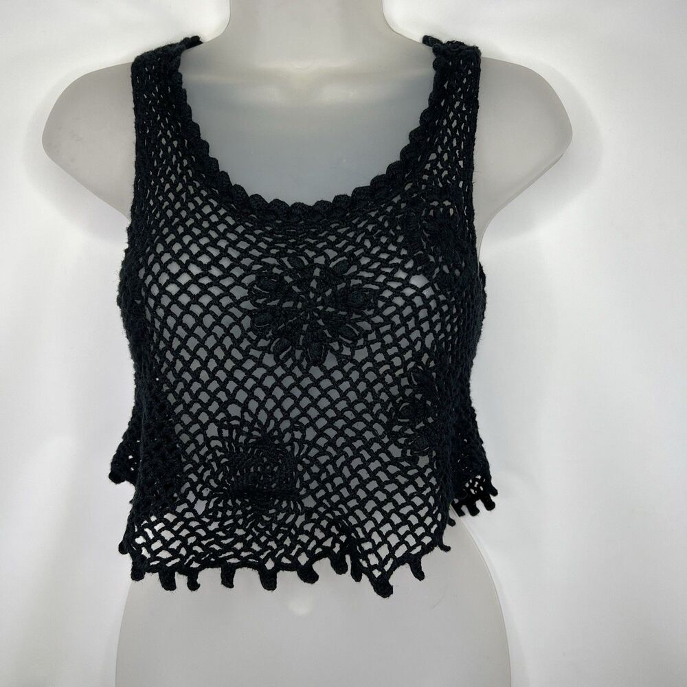 Black Crochet Floral Crop Tank Top Beachwear Size XXS XS Missing Tag
